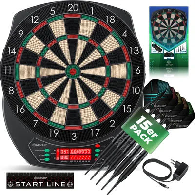 Produktbild von KESSER® Elektronische Dartscheibe Profi Set - E Dartboard mit 15 Dartpfeile + 35 Pro Flights 100 Pfeilspitzen + Zubehör Dart für 1 bis 8 Spieler Innovativer elektronisch Dartautomat mit 65 Varianten