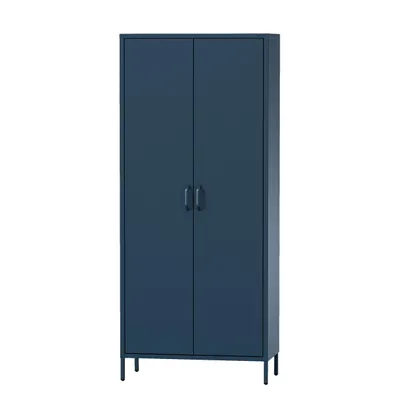 A tall, dark blue cabinet with two doors and silver handles, standing on thin black legs against a white background.