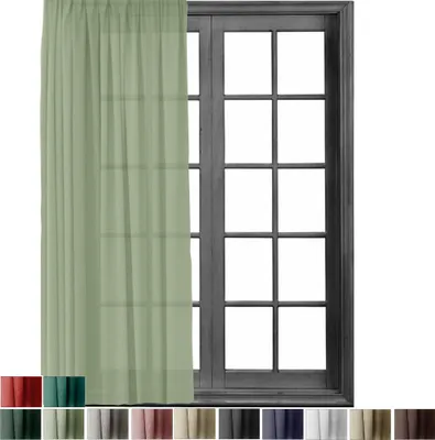 A light green sheer curtain is shown hanging in front of a dark gray window frame with multiple panes. Below the main image, there are swatches of different colored curtains.