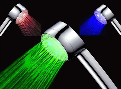 Immagine prodotto di Testina doccia LED con controllo della temperatura | Miscelatore doccia design, soffione a mano | ***Illuminazione LED in blu, rosso e verde*** FUNZIONA SENZA BATTERIE!