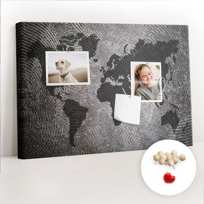 Obrázok produktu pre Korková tabuľa Tabuľa na poznámky Tabuľa na špendlíky - učebná pomôcka 60x40 cm - 100ks drevených kolíkov - Mapa sveta betón