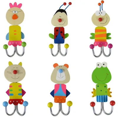Immagine prodotto di Omgoods - Set di 6 ganci a muro in legno per bambini, con motivi di animali