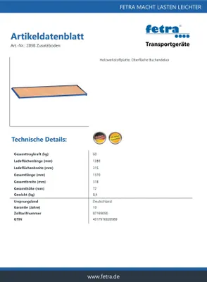 Produktbild von Fetra Zusatzboden für Montagewagen Ladefläche L x B 1280 x 2 x 315 mm
