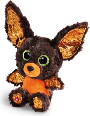 A plush toy bat with large green eyes and orange sequined ears and wings sits against a white background.