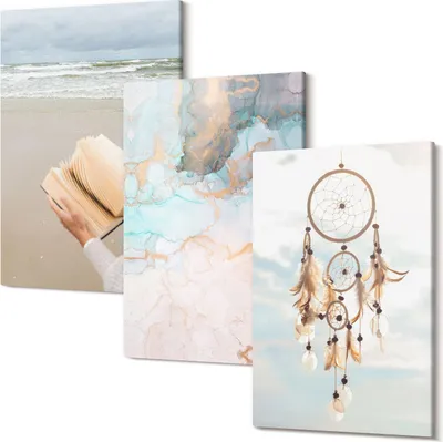 Produktbild von Leinwandbilder – Wandbilder – Leinwandbild – Canvas Bild – Polycanvas – Kunstdruck –  – Modern – Aufhängefertig – Mehrteilig – 3-Teilig – 40x60 Cm Pro Bild - Abstraktes Meereslesebuch und Boho-Traumfänger