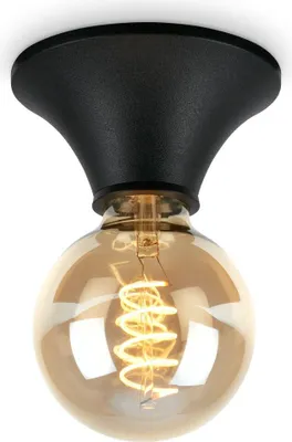 A black ceiling light fixture with a clear, amber-colored globe bulb.