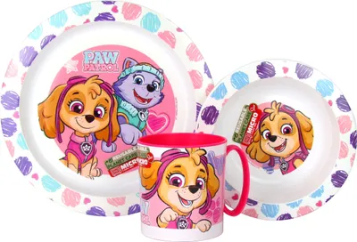 Produktbild von 3 teiliges Kinder-Geschirrset Frühstücks-Set Essteller Müslischale Trinkbecher Kunststoff BPA-frei (Paw-Pink)