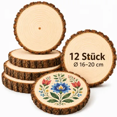 Produktbild von Holzscheiben 18-20 cm, 12 Stück Baumscheiben 20cm aus Kiefernholz ohne Loch, 15 mm dick, ungeschliffen, zum Basteln, DIY Deko Hochzeit Weihnachten