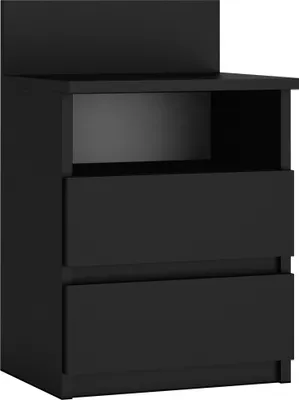 A black nightstand with two drawers and an open shelf.