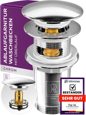 Produktbild von M. ROSENFELD HOME Ablaufgarnitur Waschbecken 1 1/4" – Push Open Pop Up Ablaufventil für Waschtisch, Waschbeckenablauf & Abflussgarnitur mit & ohne Überlauf, Waschbecken Zubehör