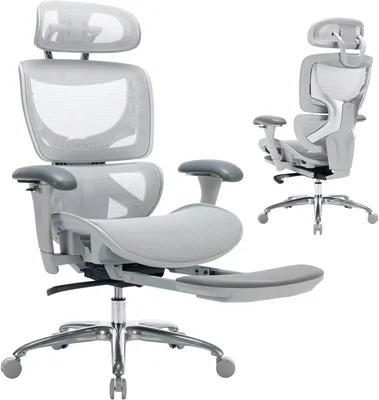 Imagen del producto de Silla de oficina ergonómica con respaldo de malla, reposapiés, diseño de silla de ejecutivo con respaldo alto y reposacabezas ajustable, reposabrazos y respaldo 3D, color gris