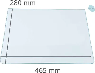 Produktbild von Kühlschrank Einlegeboden - Klarglas 4 mm - 2 abgerundete Ecken - 465 mm x 280 mm - (89,96 EUR / qm - Mindestbfl. 0,25 qm - Kantenb. 5,35 EUR / lfm - Eckenb. 1,00 EUR / Stck. )