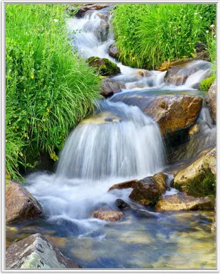 Produktbild von Wallario Wandbild Kleiner Bach über Steine, Größe: 40,30 x 50,30 cm, Poster mit weißem Aluminiumrahmen