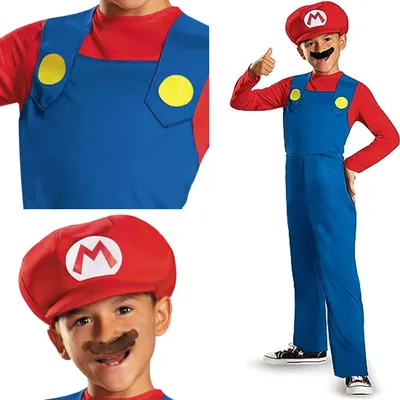 A collage of images showing a child dressed as Mario from Super Mario Brothers, including a close-up of the costume's chest area and a close-up of the hat and mustache.