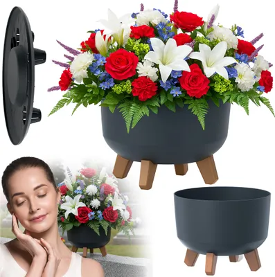 A collage of product images including a flower pot with flowers, a woman, and separate product components.