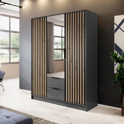 Produktbild von 3-türig Kleiderschrank mit Lamellen Polly 155 cm Schrank mit Spiegel Garderobenschrank mit Schubladen, Farbe: Graphit
