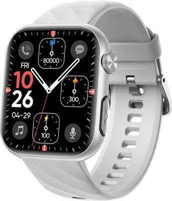 A close-up, angled view of a smartwatch with a white band and a silver casing, displayed against a white background.