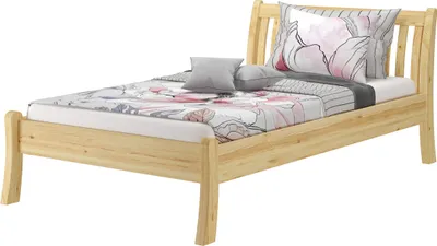 A wooden single bed with bedding and pillows, shown against a white background.