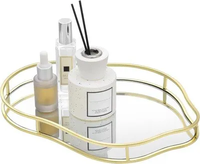 Image de Plateau miroir avec design ondulé - 28 x 21 x 3 cm - Plateau décoratif - Plateau pour bougies - Pour accessoires de salle de bain - Plateau avec rebord - Or