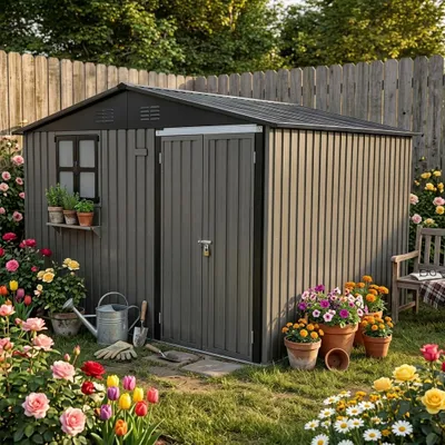Image de Abri de rangement en acier galvanisé 295 x 243,6 cm, 7,19 m², fenêtre, porte verrouillable, étagère à fleurs, marron