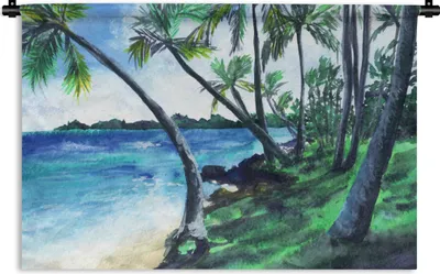 Produktbild von MuchoWow® Wandteppich Wandbehang Aquarell - Strand - Palme 120x80 cm Tapisserie Dekoration Wandtuch - Wanddekorationen - Wandtücher