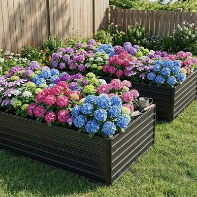 Productafbeelding van Set van 2 metalen verhoogde plantenbakken, afmetingen 219x112x64 cm, open bodem, geschikt voor zware belasting, weerbestendig en roestvrij. Kleur: zwart