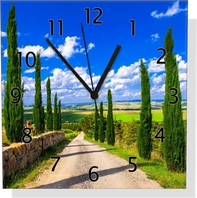 Produktbild von Wallario Design Wanduhr Zypressenweg in der Toskana aus Echtglas, Größe 30 x 30 cm