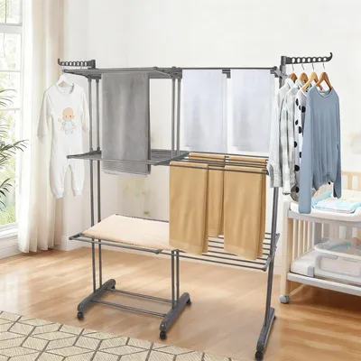 Produktbild von 4 Ebenen Wäscheständer Turm Ausziehbar Länge 75-132cm,Platzsparender Turmwäscheständer mit Rollen,Standtrockner Wäscheturm Groß,für Innen & Außen