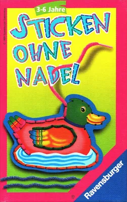 The image shows the packaging for a Ravensburger "Sticken ohne Nadel" (Stitching without a needle) craft kit for children aged 3-6 years. The packaging features a colorful illustration of a duck being stitched with yarn, along with the product title and ag