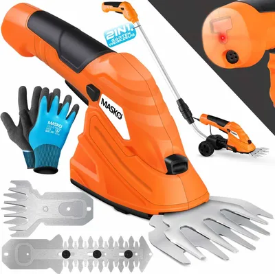 Produktbild von MASKO® Grasschere Strauchschere Set mit Akku 7,2V 2000mA/h + Ladegerät + Handschuhe elektrische Garten Heckenschere Rasenschere Inkl. Grasmesser + Strauchmesser + stiel Teleskopstange 90-130 cm Rädern