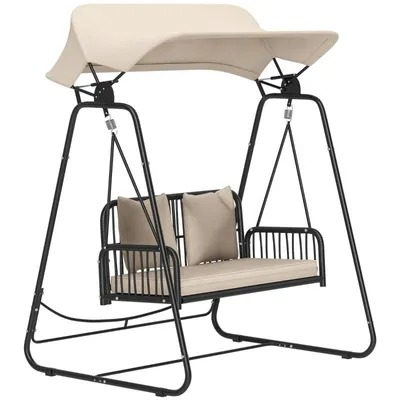 Produktbild von Gartenschaukel – Doppelgartenschaukel – Rattan-Gartenschaukel/Schaukelstuhl – Liegestuhl – mit Sonnendach und Kissen – 149 x 121 x 180 cm – Beige