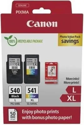 Produktbild von Tintenpatronen Pack + Fotopapier, CANON PG-540L Schwarz, CL-541XL Farbe, Hohe Reichweite, 2 Patronen, 11ml Schwarz, 15ml Farbe