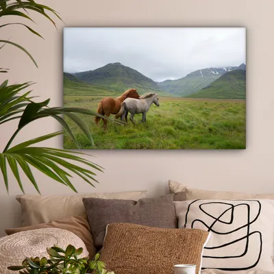 Produktbild von OneMillionCanvasses® - Leinwandbilder - 150x100 cm, Pferde - Gras - Berge, Wandbilder Kunstdruck Wanddekoration