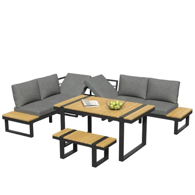 Produktbild von Garten-Essgruppe,Gartenmöbel-Set,Eckstellung,mit verstellbarer Neigefunktion(5-stufig, bis 55°)verzinktes Stahlrohr,Beinhaltet Esstisch,Bank und Sofa
