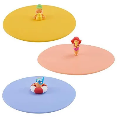 Produktbild von Lurch 210301 Mein Deckel Beach Kids 3er Set (Emma Eis, Simon Sandburg, Roland Ring), Glasabdeckung aus BPA-freiem Platin Silikon, Ø 10,5cm