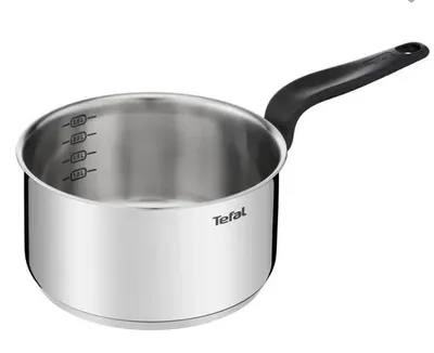 A stainless steel saucepan with a black handle is shown against a white background.