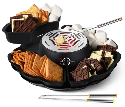 Produktbild von Schokoladenfondue Set elektrisch mit S'mores Maker, Tisch Marshmallow Röster mit 4 Spießen & Tabletts für Filmabend