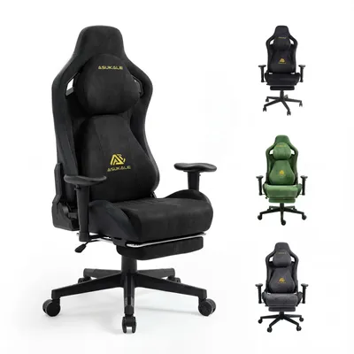 Produktbild von Gaming Stuhl mit Fußstütze, 175° verstellbarer Rückenlehne, 3D-Armlehnen, Kopf- und Lendenkissen, Schwarz