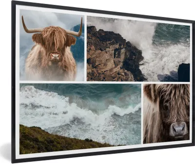 Produktbild von MuchoWow® MuchoWow® Gerahmtes Poster Collage - Schottisches Hochlandrind - Meer 90x60 cm - Poster mit zchwarzem Bilderrahmen - Fotorahmen - Foto-Plakat