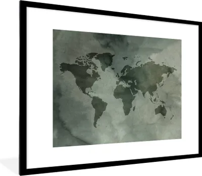 Produktbild von MuchoWow® Gerahmtes Poster Weltkarte - Grau - Aquarell 80x60 cm - Poster mit Schwarzem Bilderrahmen Wandposter Rahmen Foto Bilder - Schlafzimmer-Dekorationen - Fotoposter