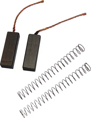 Two carbon brushes with wires and two springs on a white background.