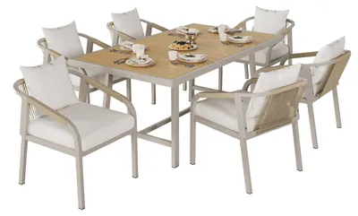 Image de Ensemble de salon de jardin pour 6 personnes, composé d'une table et de 6 chaises, structure en tube d'acier galvanisé, plateau en bois synthétique, motif tressé, couleur kaki et beige