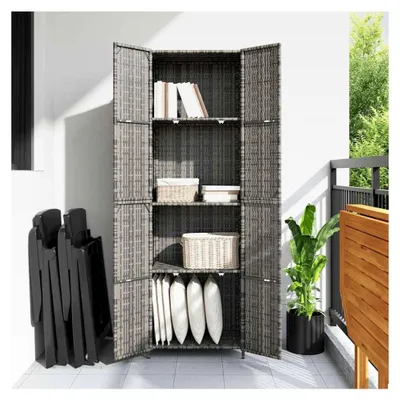 Produktbild von Gartenschrank aus PE-Rattan mit Akazienholzgriffen, grau, 59 x 40 x 180 cm