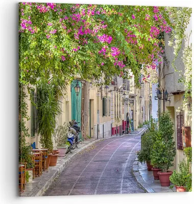 Produktbild von Bild auf Leinwand - Leinwandbild - Straße dekoration blumen griechenland - 70x70cm - Wand Bild - Wanddeko - Leinwanddruck - Bilder - Kunstdruck - Leinwand bilder - Wandkunst - AC70x70-2429