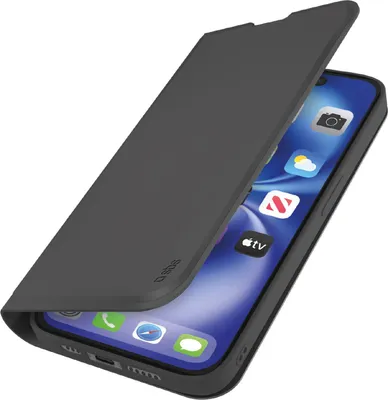 A black flip case for a smartphone is shown open, revealing the phone's screen.