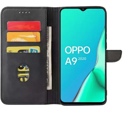 Produktbild von Fit für Oppo A9 2020 Handytasche Kunstleder mit magnetischer Lippe und Kartenhalter Buchhülle mit Klappe - Schwarz - Smartphonics