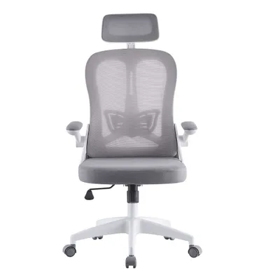 A gray ergonomic office chair with a headrest and armrests, shown from the front on a white background.