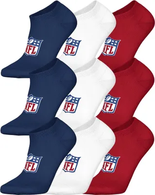 Produktbild von NFL Uni Sneaker-Socken, 9er Pack - NFL Shield 9Pack Sneaker Socks, Logo, Baumwollmischung Dunkelblau/Weiß/Rot 39-42