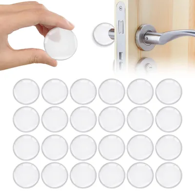 Image de Butées de porte murales, lot de 24 pièces, butées de porte rondes en silicone de 40 mm, autocollantes et transparentes, pour poignées de porte, protection des murs et des armoires.