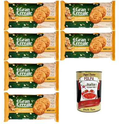 Produktbild von GranCereale Classico 6x500g – knusprige Vollkornkekse aus Italien, ohne Palmöl, ballaststoffreich, recyclebare Verpackung – Frühstück & Snack + Italian Gourmet polpa